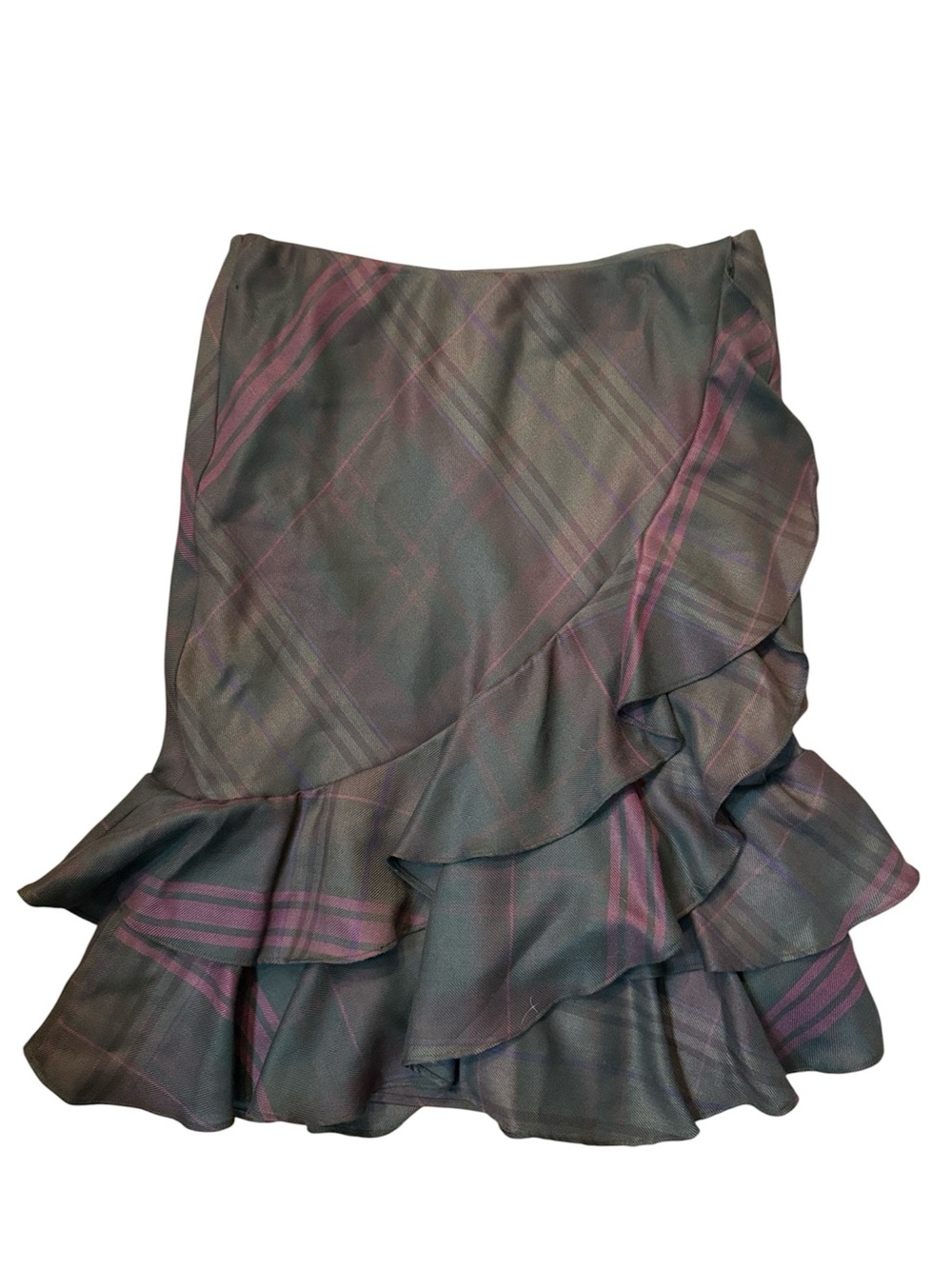 Ralph Lauren Plaid Tiered Ruffle Skirt Size 10 Green Burgundy Preppy